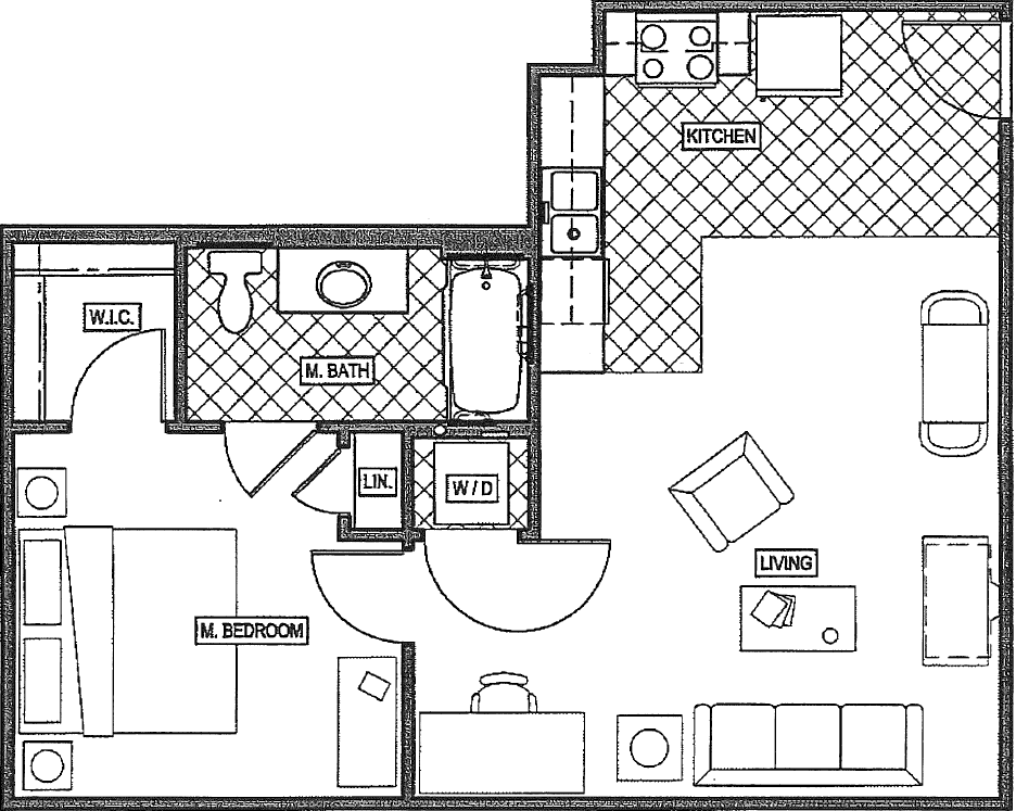 Floor plan for 1 bed, 1 bath, 615 sqft